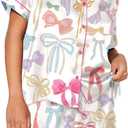 Raruxxin Women Cute 2 Piece Pajama Set Bow Print Button Short Sleeve Shirt High Rise Shorts Y2k Silky Pjs Loungewear Outfits, Medium