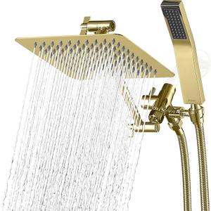 G-Promise All Metal 8 Inch Dual Square Shower Head with Handheld Combo, Rain Shower Head, Adjustable Extension Arm, Smooth 3-Way Diverter, 71 Inch Extra Long Hose - A Bathroom Upgrade (Polished Brass)
