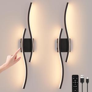 Modern LED Wall Sconce set of Two, Battery Powered Wall Sconces set of 2 with Timer, Black Wall Light with Remote, LED Wall Lamp indoor not hardwired for Bathroom Living Room Bedroom Corridor, Battery Operated
