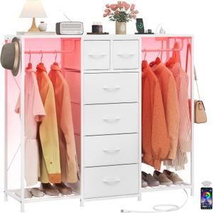 Dresser with 2 Hanging Racks, Led Dresser with Charging Station, 15" D Kids Dressers with 6 Drawers, 2 Shoe Racks and Side Hooks, Wooden Top Chest of Drawers for Bedroom, Kids Room, White