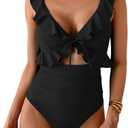 Eomenie One Piece Swimsuit for Women Tummy Control Ruffle Bathing Suit V Neck Ruched Swim Suit Slimming Cutout Swimwear (Black, S)