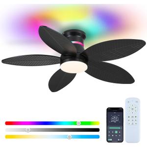 Tropical Palm Leaf RGB Ceiling Fans with Lights 46, Black Flush Mount Ceiling Fan with Light and Remote, 3CCT Dimmable LED&&Side RGB Light, Reversible 6 Speeds, Quite Low Profile Ceiling Fan Party