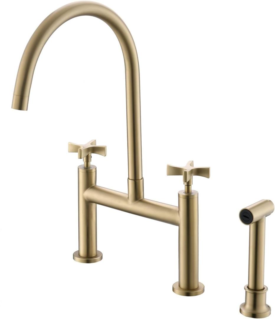 Kitchen Bridge Faucet with Side Sprayer, 8 inch Brass Kitchen Faucet 2 Handles 3 Holes Deck Mount Kitchen Sink Faucet,Brushed Gold (CP025G)