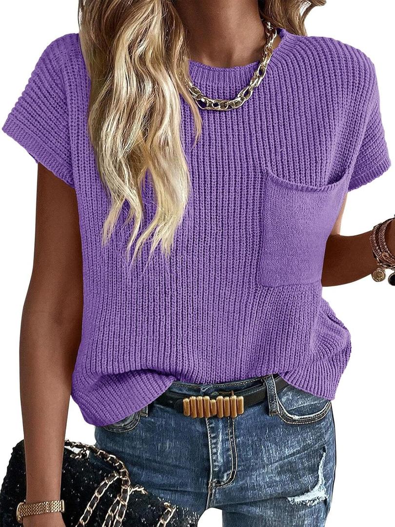 Imily Bela Summer Fall Short Sleeve Sweater for Women 2026 Crew Neck Ribbed Knit Vests Trendy Pullover Tops (Purple, M)