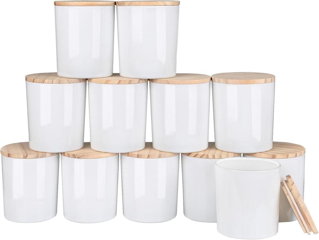 SHOWIN Thick Candle Jars for Making Candles 11 Pcs, 14 OZ Empty Jars with Wood Lids for Candle Making, Sample Container, Glossy White