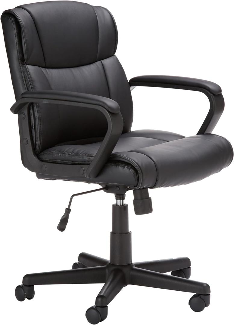 Amazon Basics Office Computer Task Desk Chair with Padded Armrests, Mid-Back, Adjustable, 360 Swivel, Rolling, 275 Pound Capacity, 24.2"D x 24"W x 34.8"H, Black Faux Leather