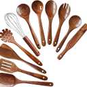 Wooden Spoons for Cooking 11 Pieces Set, High Quality Wooden Kitchen Utensil Set, Wooden Utensil Set, With Strainer Spoon, Pasta server, Fried Spatula and Salad Fork, Egg Beater, Butter Spreader