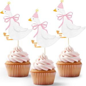 Reallnaive 12 Pcs Silly Goose Themed Cupcake Toppers Funny Silly Goose Party Decoration Geese Cake Toppers for Girls Boys Baby Shower Birthday Party Supplies(Geese,Pink)