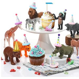 18 Pcs Jungle Animal Birthday Party Decorations Mini Birthday Hat Animal Figure Model Cake Toppers with Mini Hat for Birthday Party, Wild Animals Themed Party