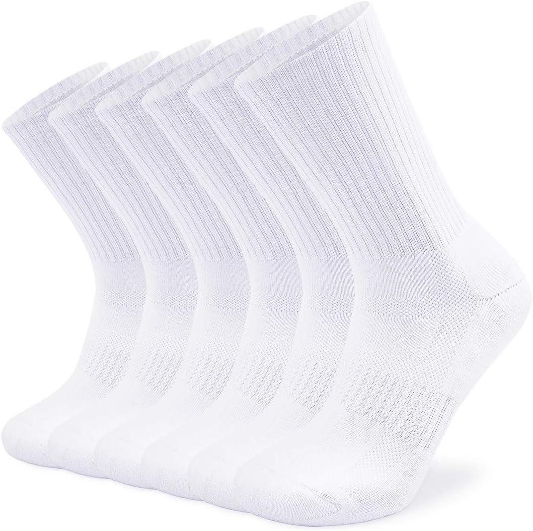 SOX TOWN Unisex Cushioned Crew Training Athletic Socks Men & Women with Combed Cotton Moisture Wicking Breathable Performance (10-13, White(6 Pairs))
