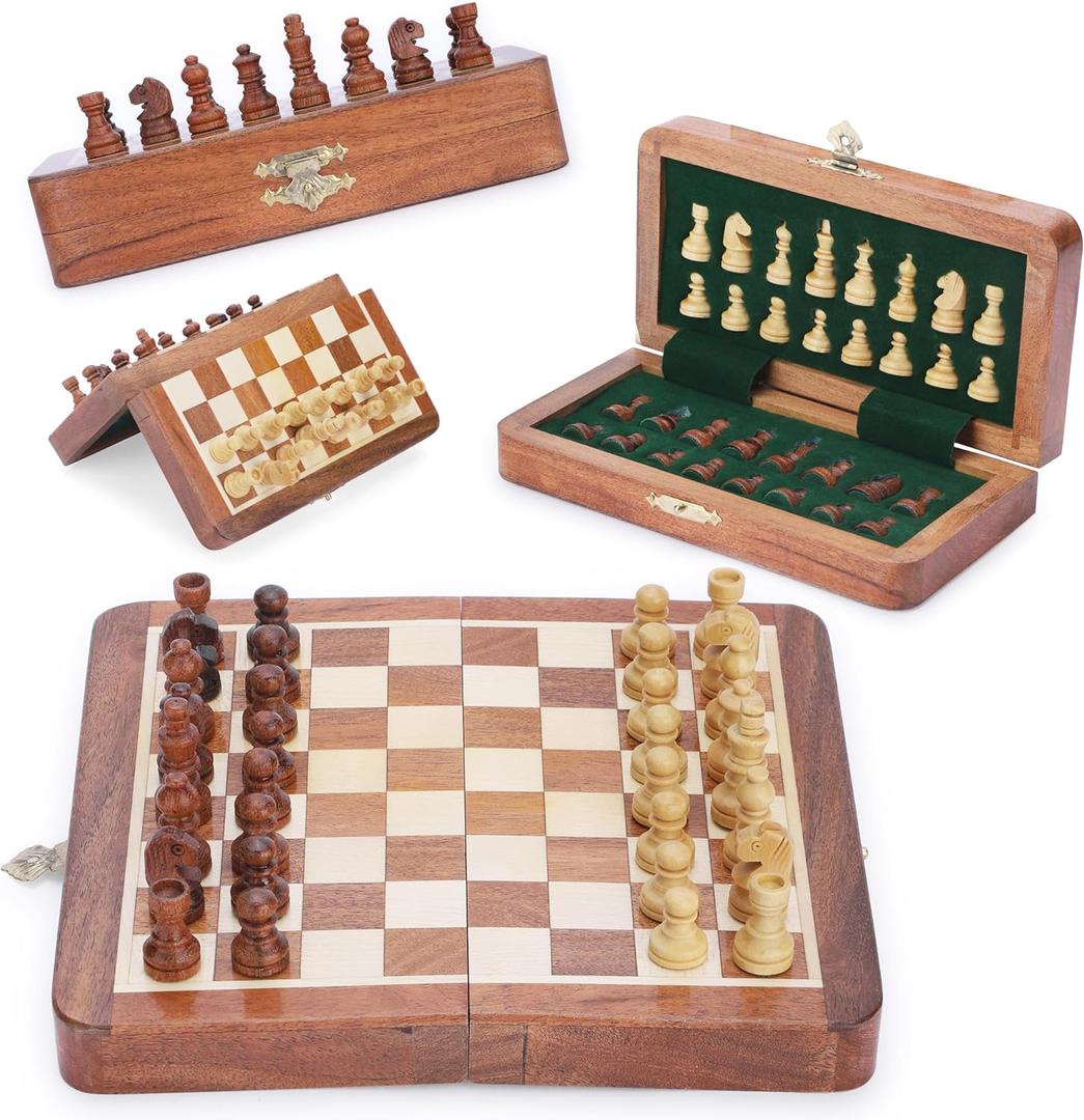 Ajuny Magnetic Travel Chess Set - Handcrafted Acacia Wood, Foldable Board with Elegant Storage Ages