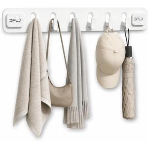 White Long Strip with 6 Hooks Suction Cup Hooks No Drill Damage Free Removable Shower Wall Hooks for Bathrooms Towel Loofah Bath Brush Clothes and Over Door Storage
