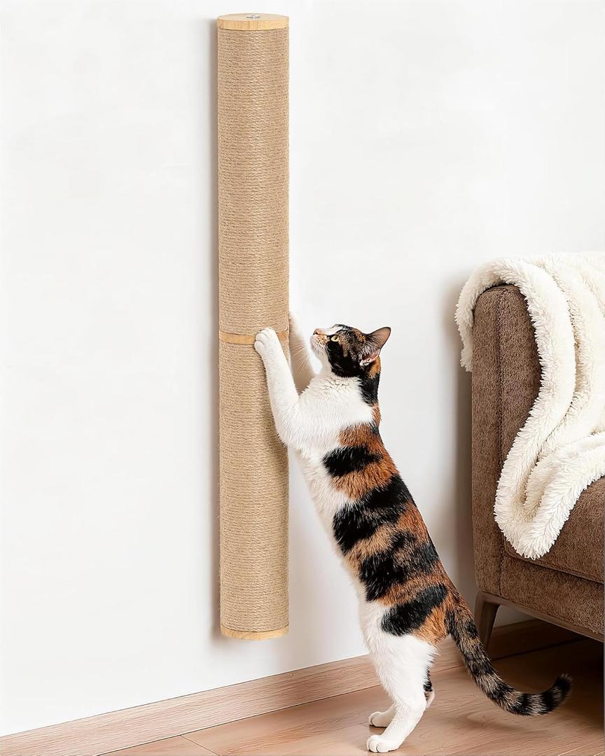 Aechonow 34" Cat Scratching Post on Wall for Large Cats, Wall Mounted Wood Cat Scratcher Furniture for Indoor Cats, Tall and Sturdy Corner Climbing Pole