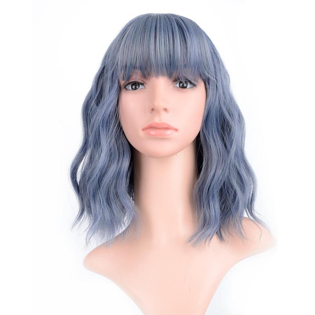 VCKOVCKO Wavy Wig Short Bob Wigs With Air Bangs Shoulder Length Women's Short Wig Curly Wavy Synthetic Cosplay Wig Pastel Bob Wig for Girl Colorful Costume Wigs (12", Mix Blue)