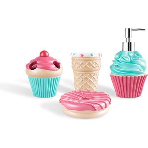 Bathroom Accessories Sets Organizer Complete with Milkshake Lotion/Soap Dispenser,Egg Tube Bath Cup/Tumbler,Donut Soap Dish,Cake Toothbrush Holder for Kids Bath Decor (Pink)