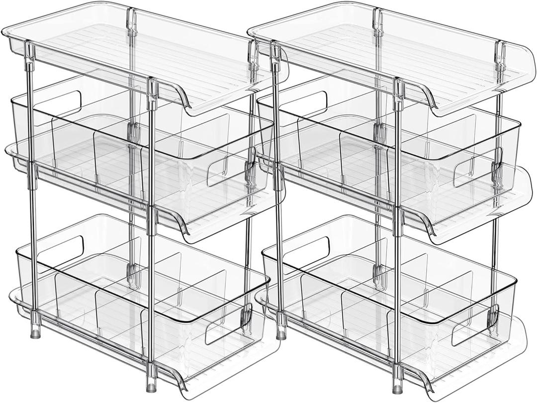 2Set 3 Tier Clear Bathroom Organizer with Dividers, Pull-Out Pantry Organization and Storage, Multi-Purpose Under Sink Organizers and Storage, Vanity Skincare Cosmetic Closet Organizer Medicine Bins (Transparent)