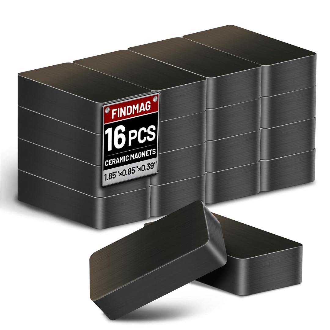 FINDMAG Ceramic Magnet, 16 Pack Ferrite Block Magnets, Industrial Magnets Heavy Duty with Adhesive Backing, Strong Rectangle Magnets for Crafts, Fridge, Whiteboard, Tools  1.86L  0.85W  0.39H