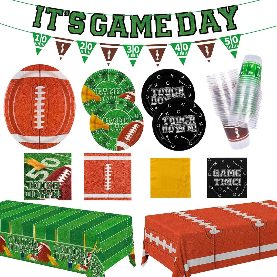 Gatherfun Football Party Supplies Kit for 24 Guests - Includes Large 12.5in Plates, Dessert Plates, Napkins, Cups, Banner and Touchdown Tablecloth - for Football Tailgate Party Decorations