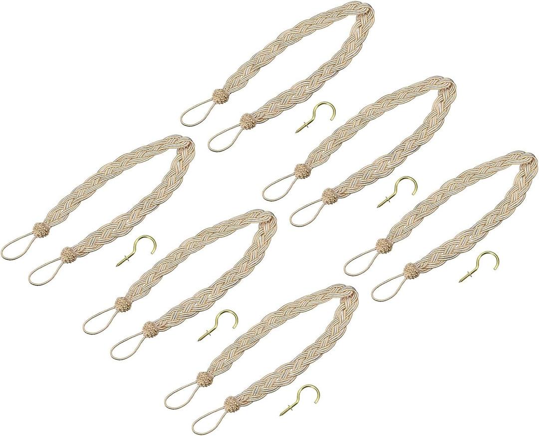 uxcell 6Pcs Curtain Tiebacks, 58cm/23 Braided Drapery Holdback Holder Decorative Rope Tie Back with 6 Metal Hooks, Taupe/Silver