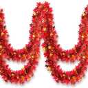 33Ft Thanksgiving Fall Tinsel Garland Shiny Hanging Coarse-Textured Red Maple Leaf Metallic Twist Garland Autumn Decor for Fall Party Door Tree Garlands Decorations - (Red & Copper)