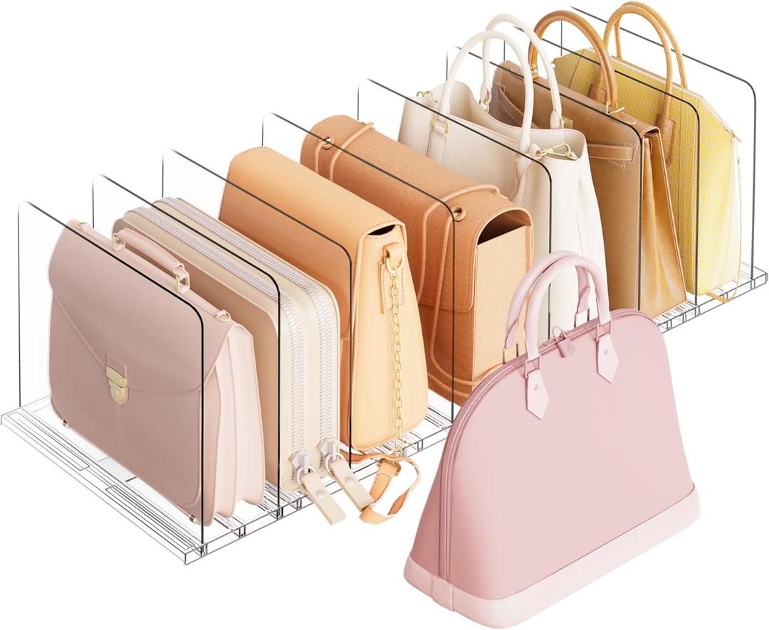 Criusia Adjustable Closet Purse Organizer Rack 28.8" Extra-Long Shelf Divider with 6 Base Panels & 8 Dividers Non-Slip Handbag Holder for Bags, Clothes, Kitchen, Office