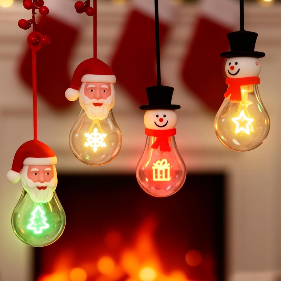 Brightever 4-Pack Hanging Christmas Lights for Christmas Tree Decor, USB Rechargeable Christmas Light Bulbs Portable Decorations with Xmas Elements Filament, Great Gift for Coworkers, Friends (Snowman & Santa)