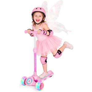 Nattork Kids Scooter for Girls with Light Up Wheels, Deck and Headlight, Wide Anti-Slip Deck and T-bar Handle with Rear Foot Brake, Adjustable Height 3 Wheel Scooter for Kids Ages 3+ and up to 220Lbs