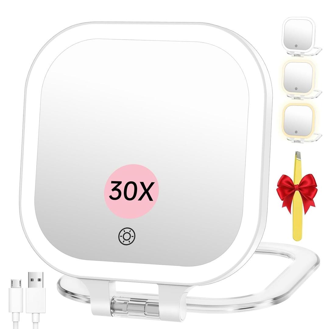 FASCINATE Rechargeable Travel Makeup Mirror 30X Magnification, 7" Lighted Portable Vanity Mirror with 3 Colors Lighting & Stepless Dimming, Double Sided LED Mirror, Gift for Women (White)