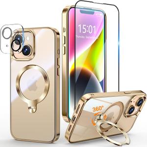 [Tri-Shield Protection] for iPhone 13/14 Case with 360 Spin Stand Compatible with MagSafe [Magnetic CD Ring] [Screen & Camera Lens Protector] Shockproof Plating Never-Yellowing, Gold-6.1"
