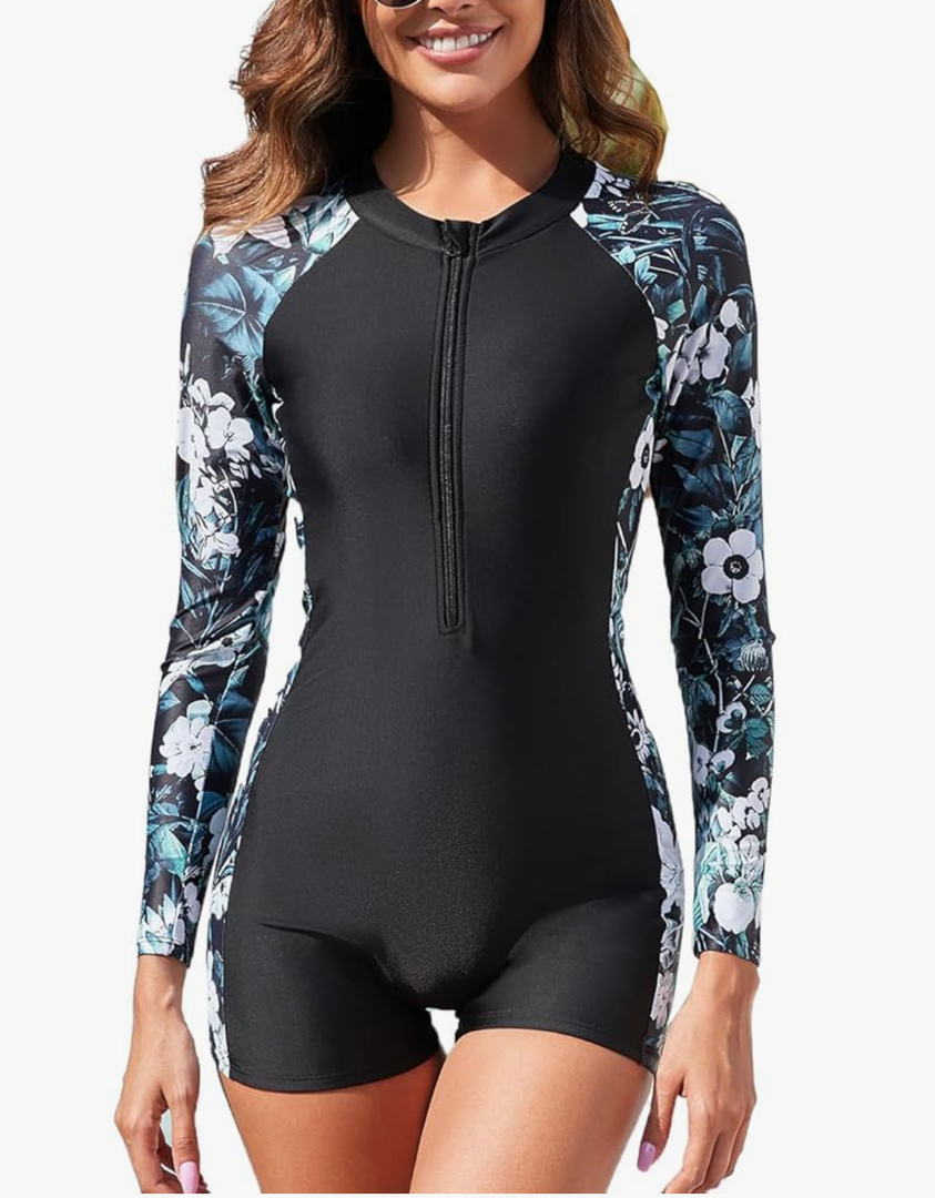 Womens Rash Guard Long Sleeve One Piece Swimsuits Zipper Front with Boy Shorts Swim Shirt Uv Protection UPF 50, Size S