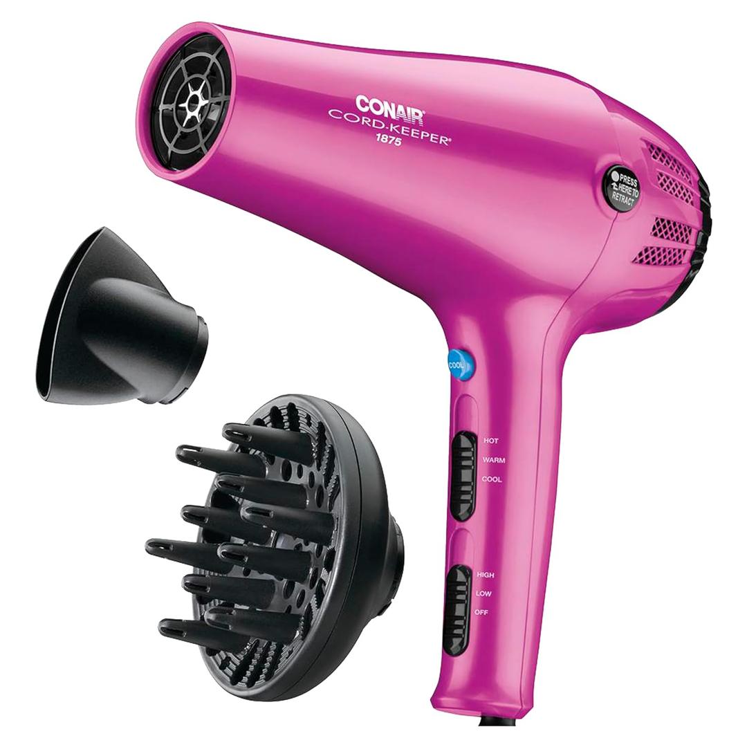 Conair Hair Dryer with Retractable Cord, 1875W Blow Dryer, 3 Heat Settings, 2 Speeds, Blow Dryer with Diffuser and Concentrator Attachments, Ionic + Tourmaline Technology, Pink