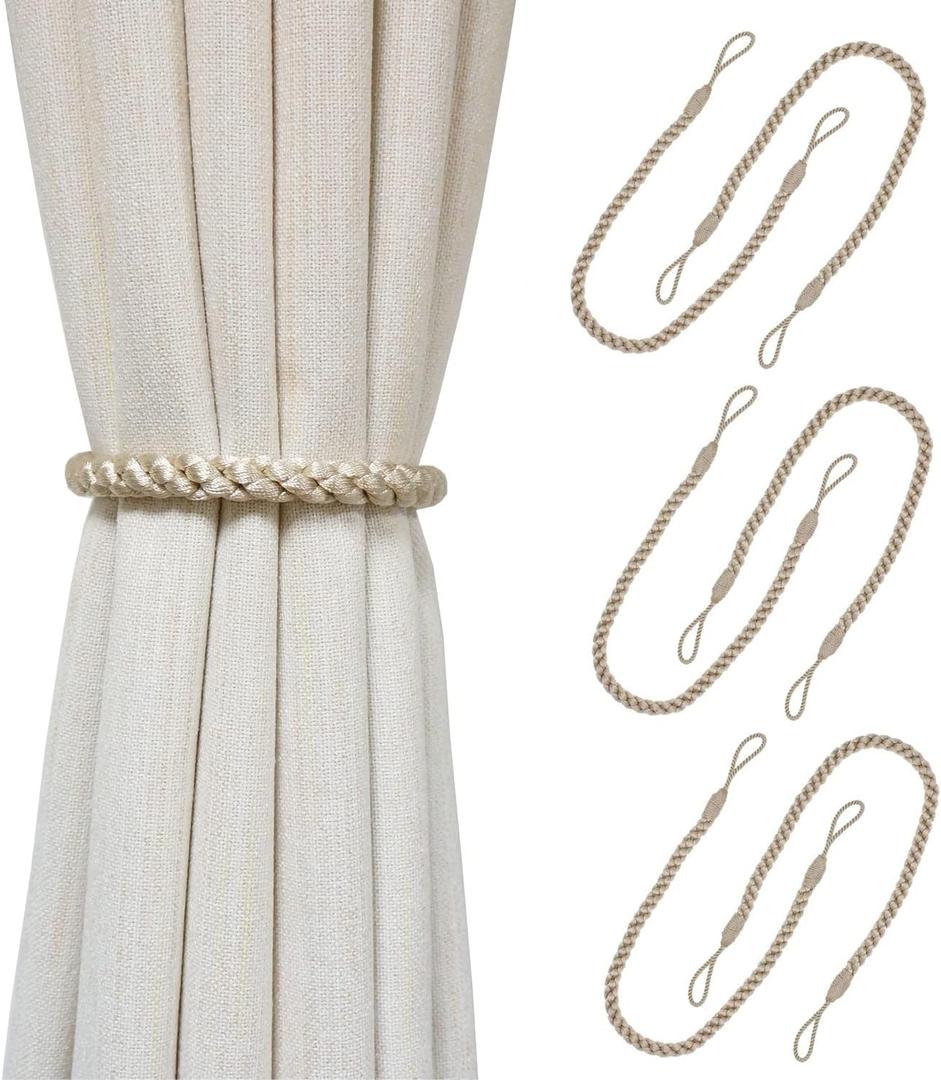 Curtain Tiebacks Ropes, 6pcs Decorative Handmade Tie Backs Curtain Holdbacks Holders Cord for Window Sheer Drapes Indoor Outdoor, Beige