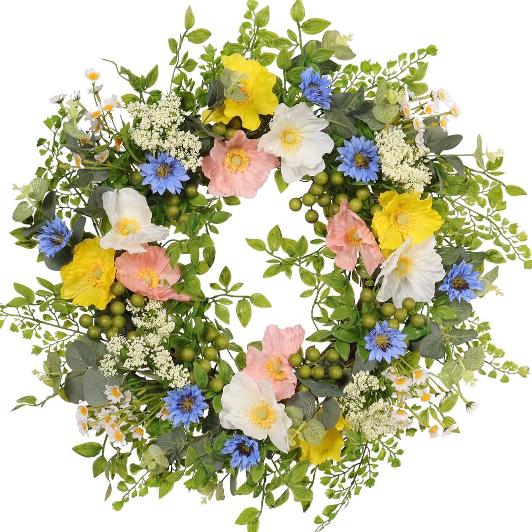 22 Inch Wildflower Wreath for Front Door Outdoor, UV Resistant Spring Wreath with Poppies and Daisies, Waterproof Farmhouse Summer Decor