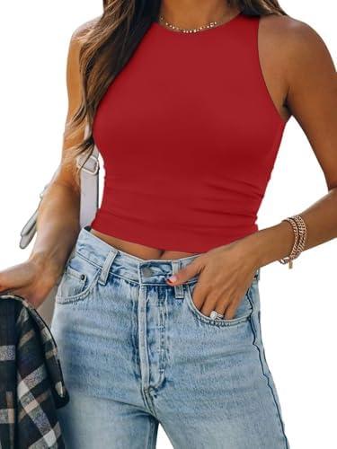 ATHMILE Womens Double Lined Crop Tank Tops Casual Basic Shirts Sleeveless Workout Tops Cute Summer Clothes Teen Girls M