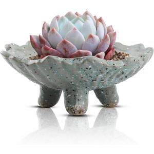 Retro Succulent Planter Ceramic Flower Pot for Indoor Outdoor, Cactus Planter Pot with Drainage Hole for Home & Office Decor, Green (5.3*5.3*2.1 in)
