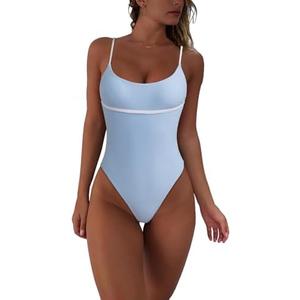 geluboao Women Sexy Color Block Open Back Bathing Suit One Piece Cheeky High Cut Thong Swimsuits, M