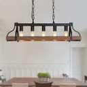 Rustic Kitchen Island Dining Room Light Fixture Farmhouse Linear Chandelier Black and Retro Wood Finish 5-Light Industrial Metal Hanging Pendant Light UL Listed L33.5 W10.6 (5-Light retro wood)