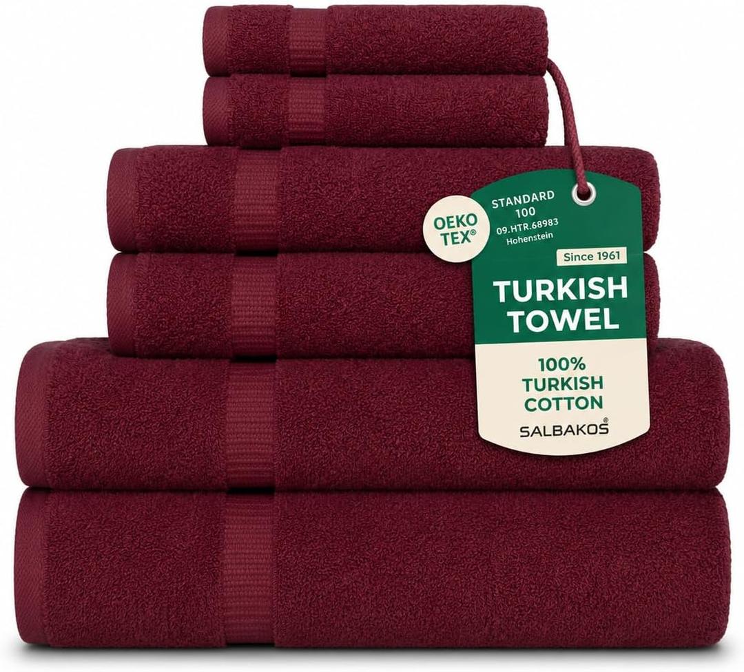 SALBAKOS 100% Turkish Cotton 6-Piece Towel Set | Premium Quality Hotel & Spa Collection | Ultra Soft, Super Absorbent 2 Washcloth, 2 Hand, 2 Bath Towels Sets | Made in Turkey (Wine, 6 Piece Towel Set)