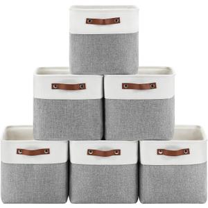6-Pack Foldable Fabric Storage Cubes 11x11 Inch, Sturdy Cube Organizer Bins with Leather Handles, Storage Baskets for Closet Shelves and Home Organization(White/Gray)
