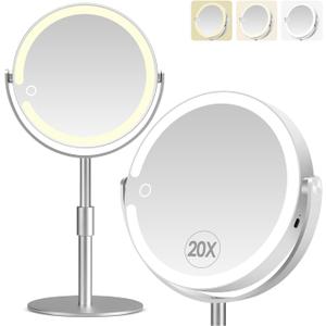20X Magnifying Mirror with Light, Height Adjustable 2000mAh Makeup Mirror with Light, 3 Color Lights for Tabletop/Travel. Detachable Travel Makeup Mirror, Vanity Mirror for Bathroom, Silver