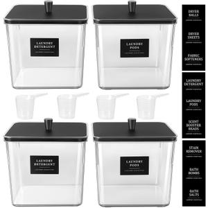 Hudgan 4 Pack Laundry Detergent Container Large Laundry Pods Jars with Lids and Scoop for Laundry Room Organization (Black)