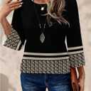 SweatyRocks Women's Geometric Print Round Neck Blouse Casual 3/4 Sleeve Loose Office Tops (S)