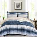 WONGS BEDDING Blue Comforter Set King Size, 7 Pieces King Bed in a Bag for All Season, Soft and Breathable Striped Bedding Set with Boho Comforter, Flat Sheet, Fitted Sheet, Pillowcases & Shams