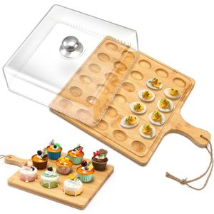 Vercraft Christmas Wooden Deviled Egg Platter with Lid and Handle 30 Holes Round Deviled Egg Tray Reversible Charcuterie Board Wooden Serving Tray Containers Holder for Countertop Easter(Bamboo)