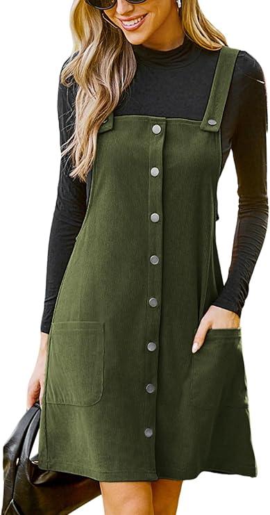 CUPSHE Casual Dresses for Women Square Neck Button Front Sleeveless Pockets A Line Mini Overall Dress, L