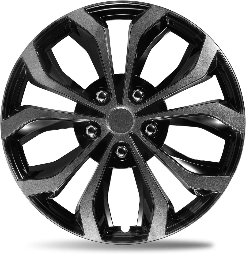 15 Inch Dual-Tone Black & Gunmetal Gray Wheel Covers Hubcaps for Steel Wheels, Set of 4, Adjustable Snap-On Design for Most Sedans, SUVs, Trucks & Vans, Tool-Free Install