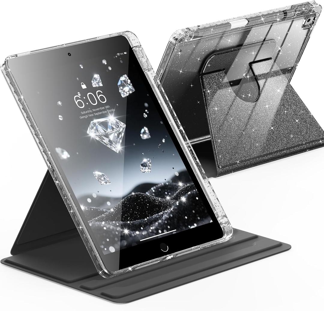 INFILAND Rotating Case for iPad 9th Generation (2021) / 8th Generation (2020) / 7th Generation (2019) 10.2 Inch 360 Rotating Cute Glitter Cover with Crystal Clear Back, Pencil Holder (Black)