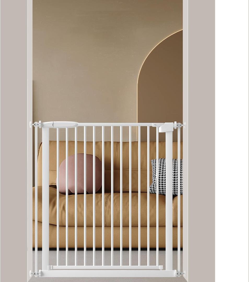 DEARBB Extra Wide Baby Gate Ultra Narrow Spacing 30.11-77.36" Pressure Mounted Double Lock Swing Auto Close Walk Through Metal Safety Pet Gate for Stairs and House Doorway Kitchen (White)