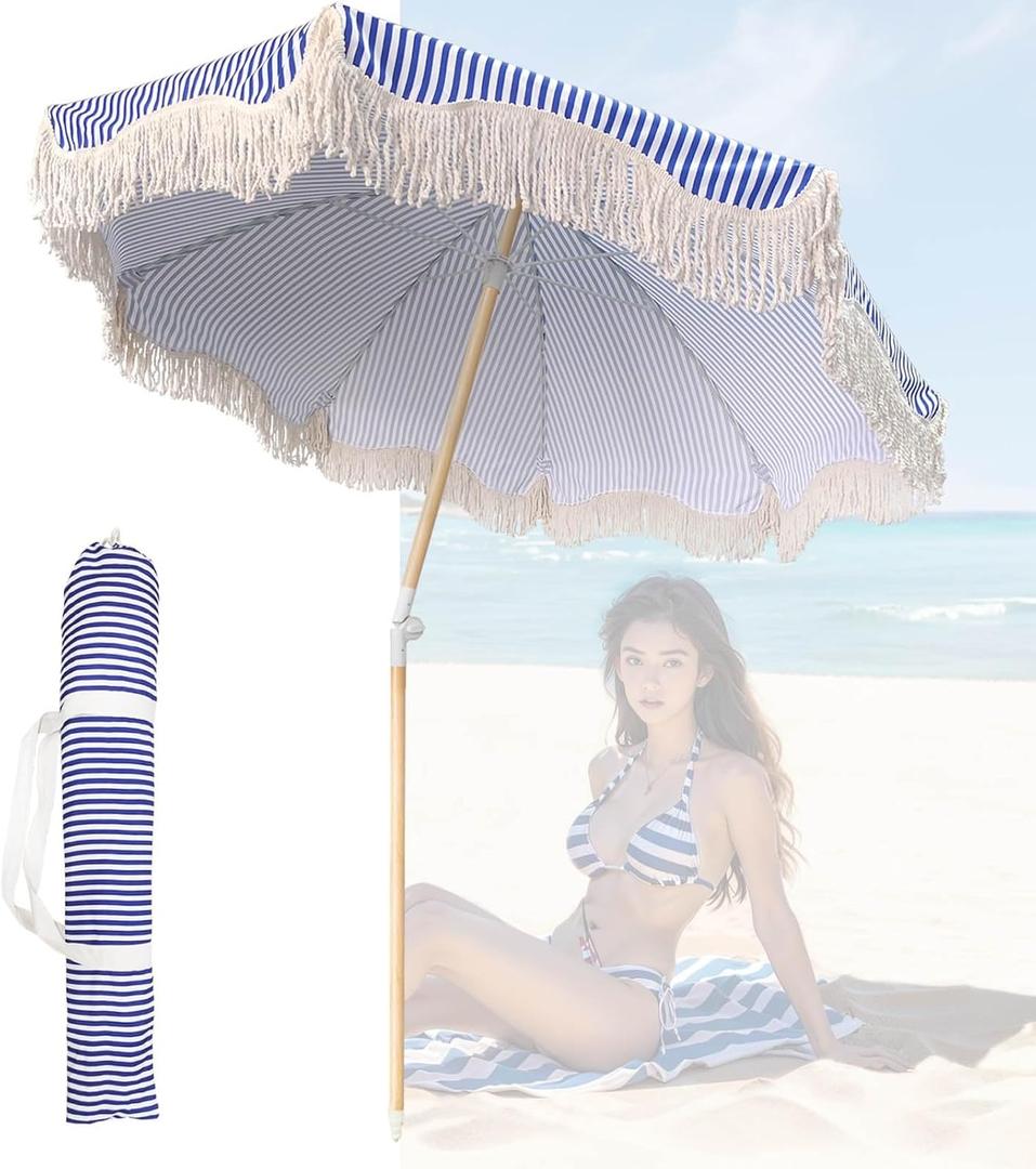 Umbrellas for Patios Outside with Fringe - 6ft Blue & White Stripes Patio Table Umbrella, Beach Umbrella, UPF 50+, Wind Resistant, Adjustable Tilt for Garden, Backyard, and Camping