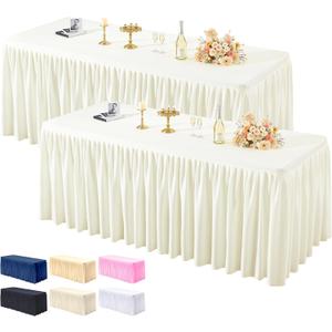 Pack Ivory Tablecloths for Rectangle Tables 6ft, Wrinkle Resistant Spandex Table Cover Fitted Stretch Table Cloth with Pleated Ruffle Skirts for Party Banquet Dining Birthday Wedding